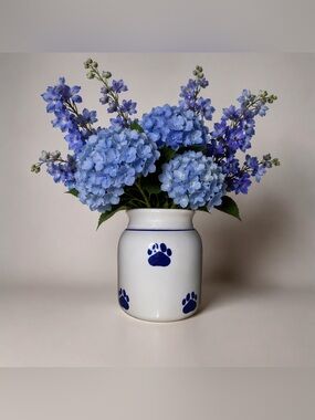 PET TREAT CANISTER Vase or Jug (no lid) 6” x 6-1/2” Ceramic Glazed Paw Prints